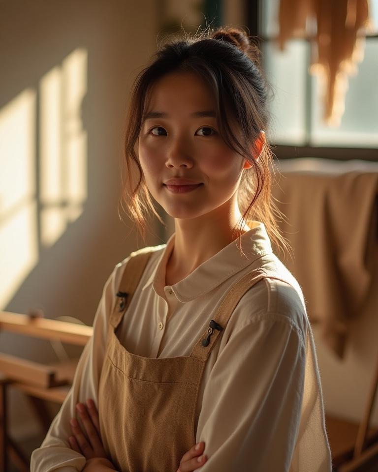 日差しの差し込むテキスタイルスタジオで佇む設立者、佐藤恵美の肖像